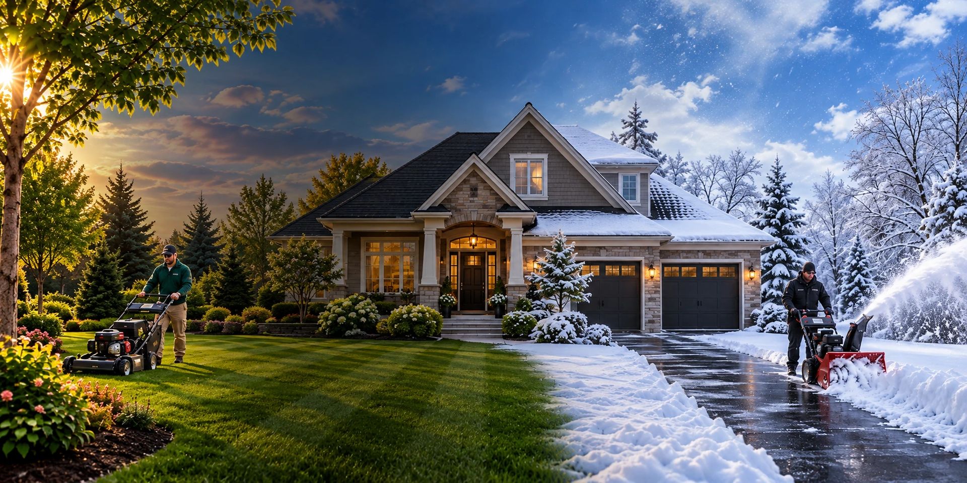 A crew member mowing a striped lawn on the summer half of a property while another clears the snowy driveway on the winter half