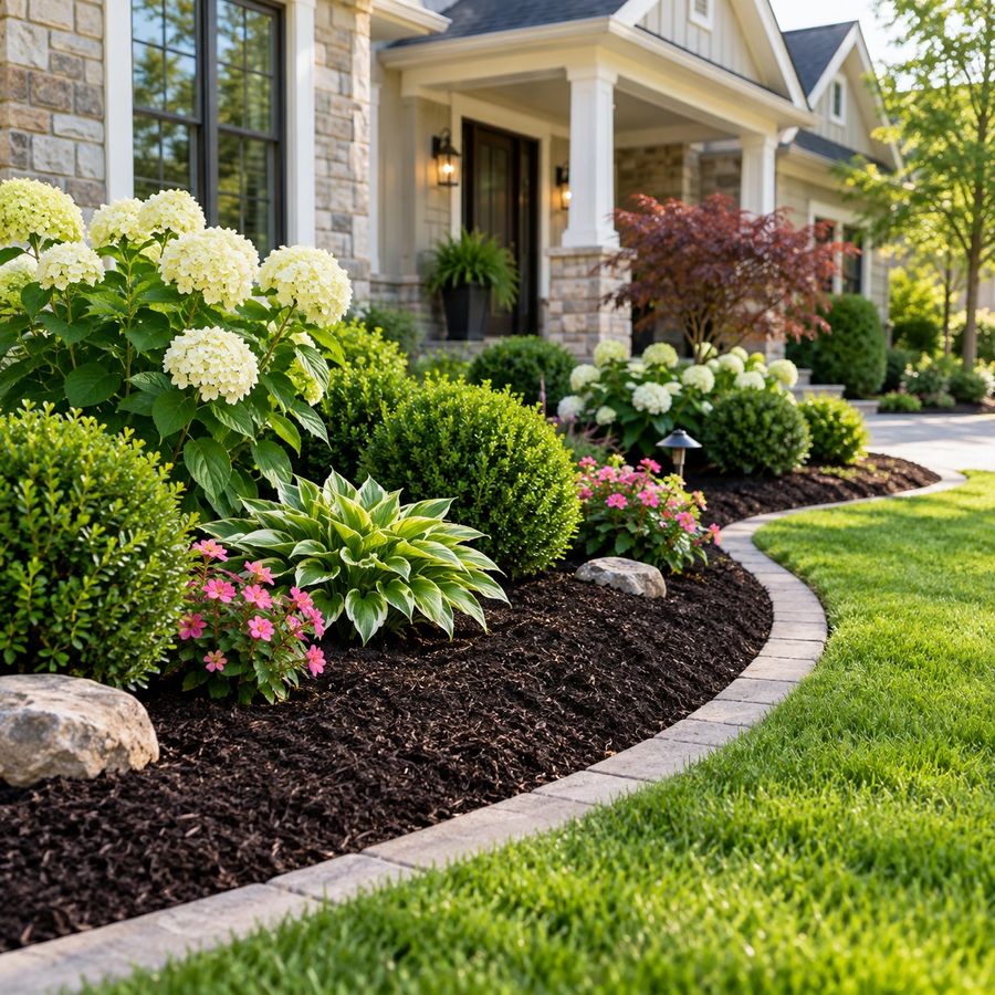 Curved mulched bed with hydrangeas and trimmed boxwoods