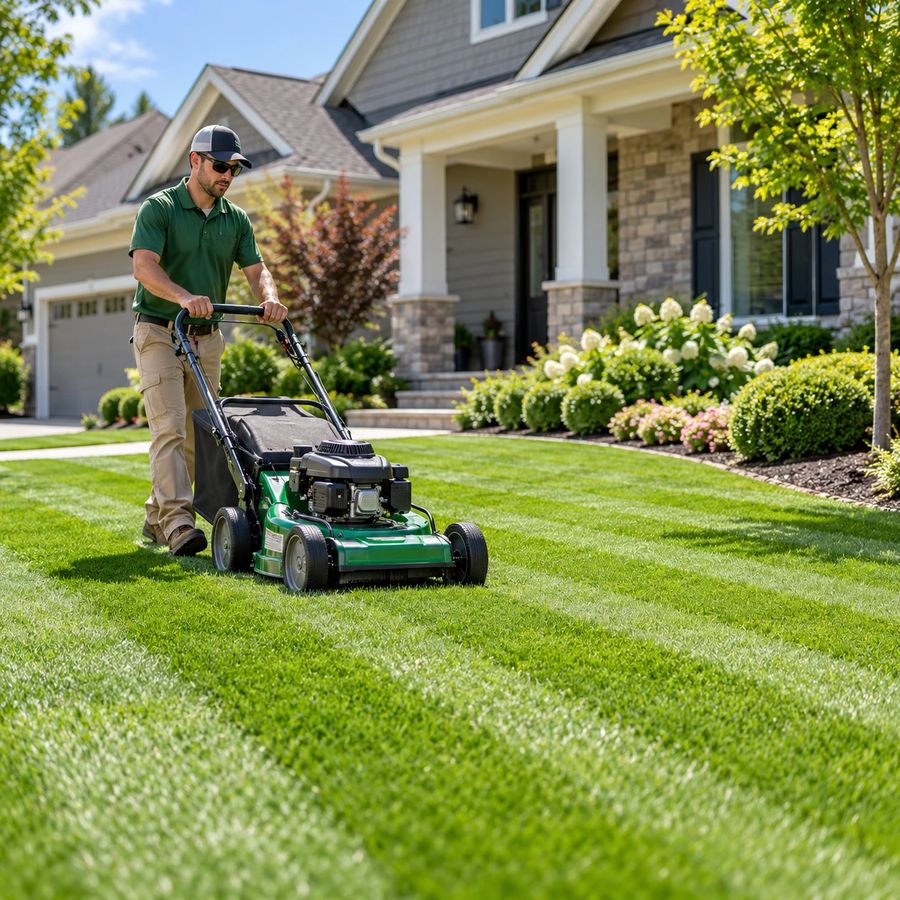 A crew member mowing a striped front lawn
