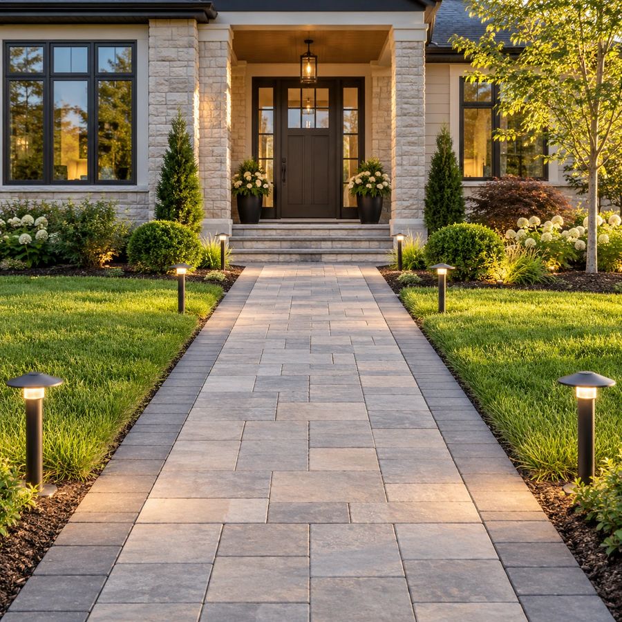 Paver walkway leading to a lit front entry
