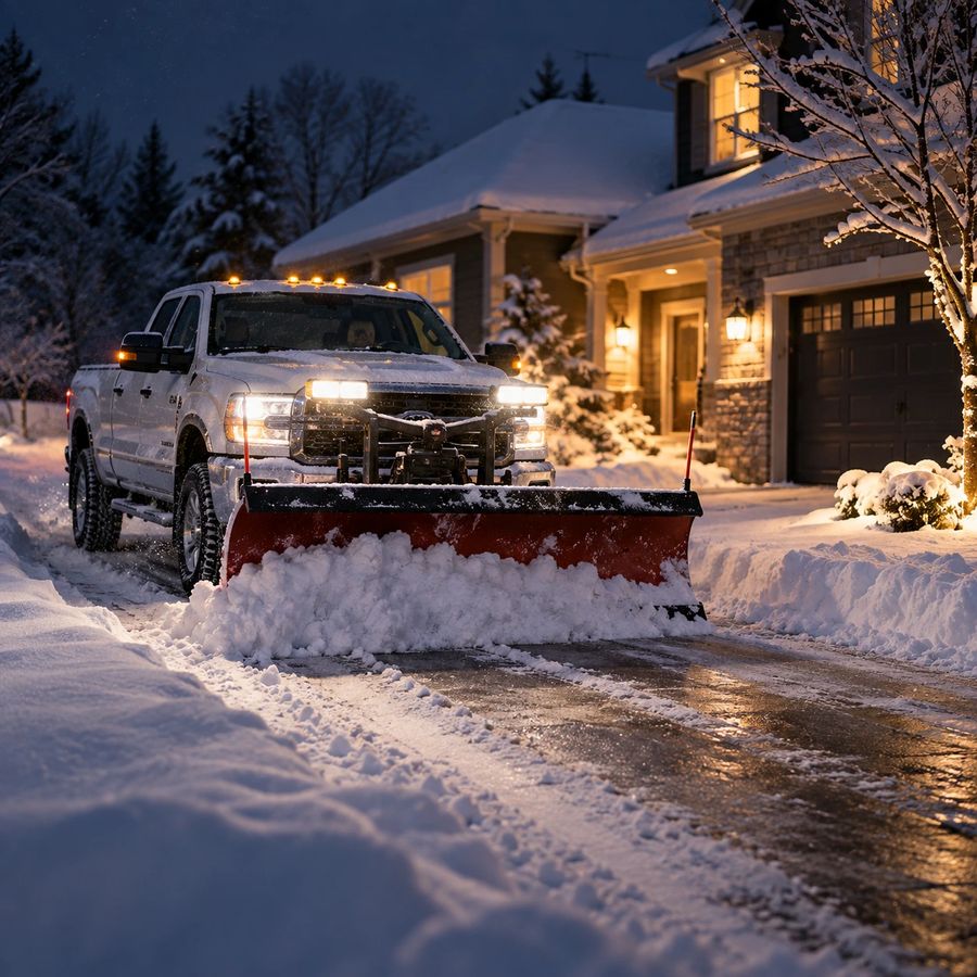 Pickup truck with a plow blade clearing a driveway at night